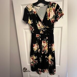 Bom Bom  black floral dress- flattering wrap front with cinched waistline